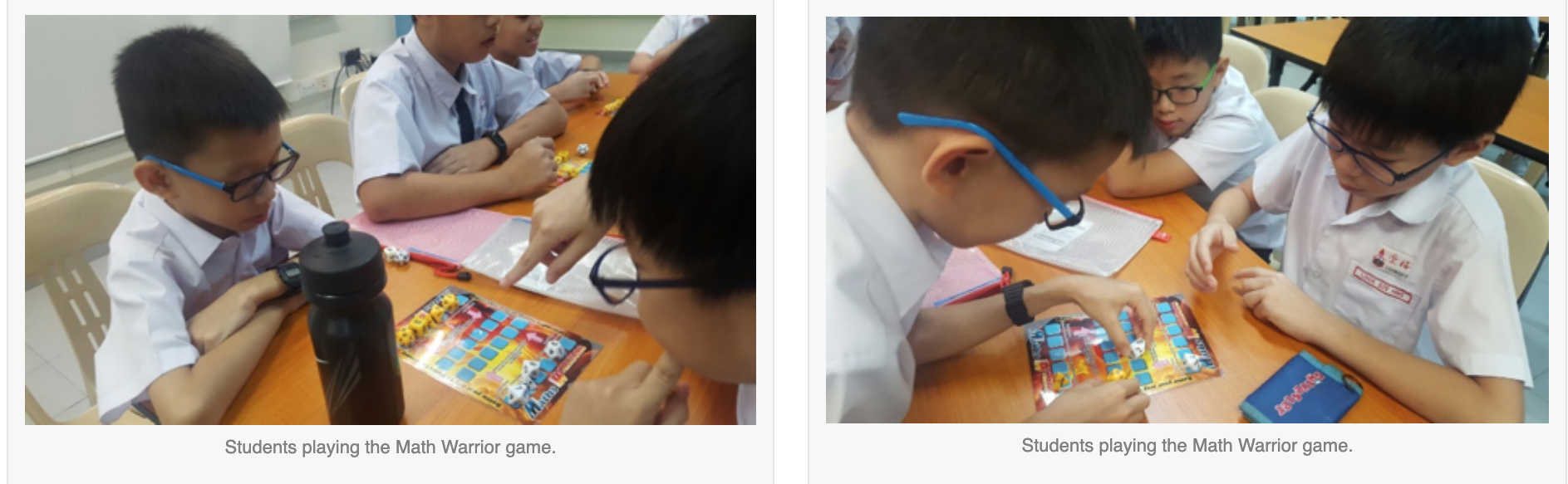 Students in white uniforms sit around a table playing the Math Warrior board game together.